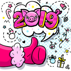 Pig is a symbol of 2019 new year. Santa Claus like in pop art style. Sign like in red mitten.