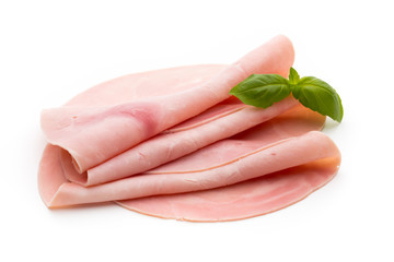 Sliced boiled ham sausage isolated on white background, top view.