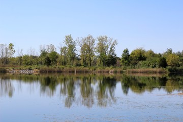 A view of the lake landscape on a beautiful sunny day.