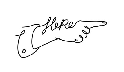 Icon hand pointer with the word here. Vector. Vintage logo for the company and the store. Linear illustration. Direction of movement.