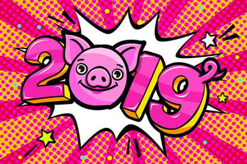 Pig is a symbol of 2019 new year. Head of the Pig in pop art style