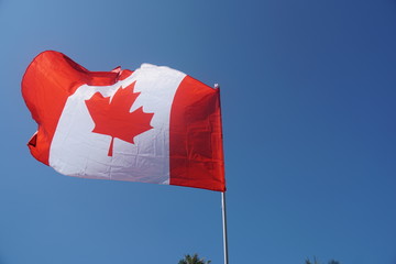 Canada Flag Waving with blue sky background.