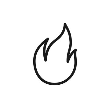Black isolated outline icon of flame, fire on white background. Line Icon of bonfire.