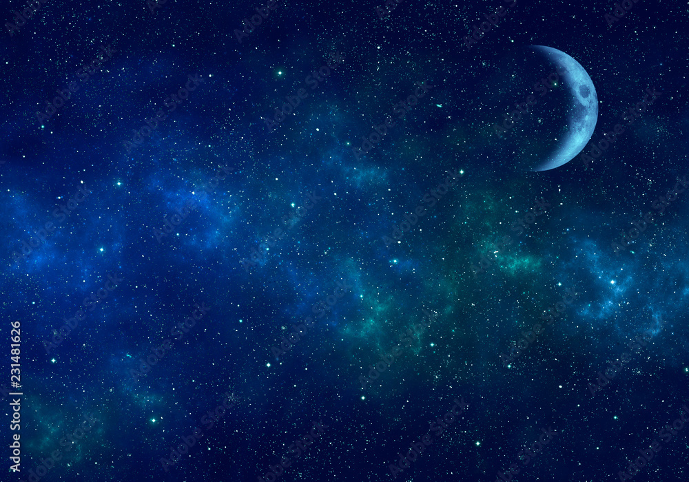 Wall mural moon, nebula and stars in night sky. space background.