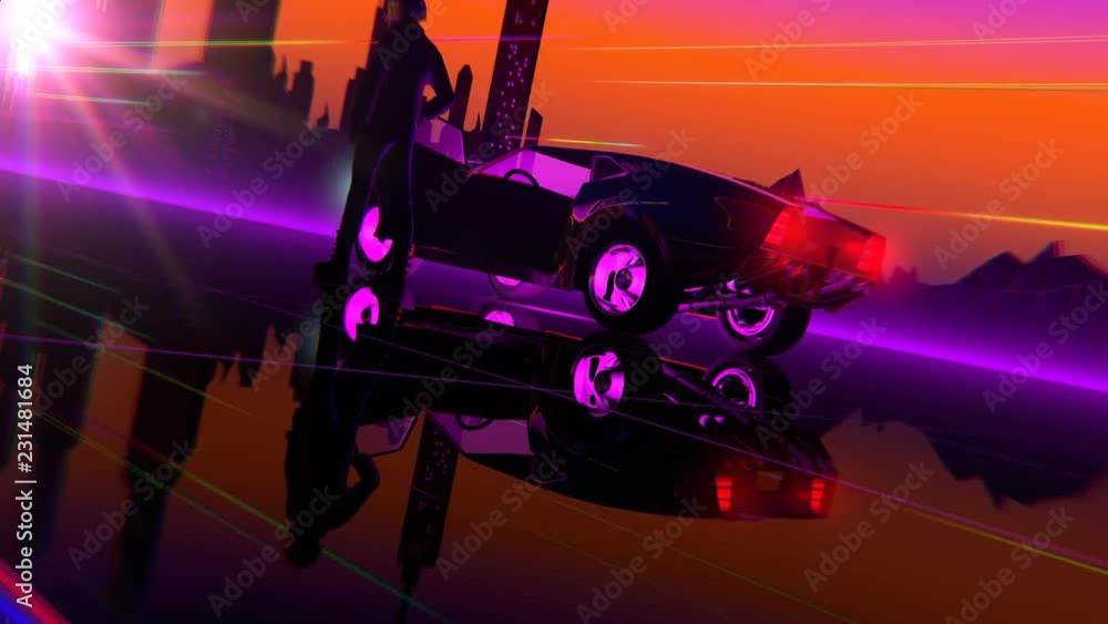 Wall mural retro-futuristic 80s style sci-fi car background. seamless loop 3d video animation