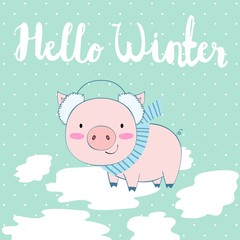 Vector cute winter illustration with pig and snow.
