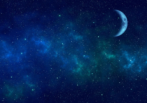 Moon, nebula and stars in night sky. Space background.