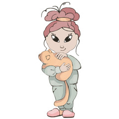 Girl in pajamas with a red cat in their hands. Illustration isolated on white background.