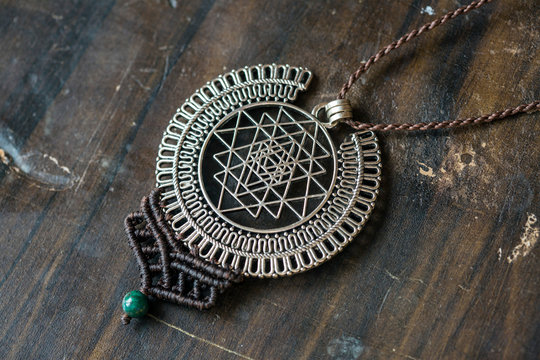 Sacred geometry metal pendant necklace with chrysokol stone bead