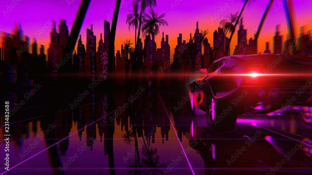 Wall mural retro-futuristic 80s style sci-fi car background. seamless loop 3d video animation