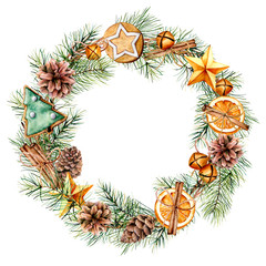 Watercolor wreath with fir branch and Christmas decor. Hand painted fir border with cones, stars, cookies, orange slices, bell, cinnamon sticks,  isolated on white background. Floral print for design