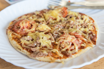 Nepalese tuna pizza with cheese on white plate.