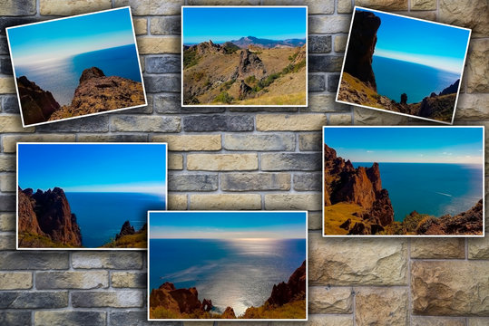 Photo collage on a brick wall background. View of the sea coast, mountain ranges. The concept of tourism. With copy space.