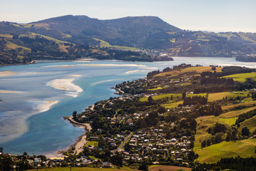 Dunedin town and bay as seen from the hills above, South Island, New Zealand.