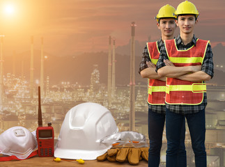 Young Asian in a safe suit Basic safety equipment in the factory, Concept of safety control in work...