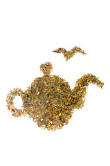Teapot made of green tea with flowers isolated on white background.