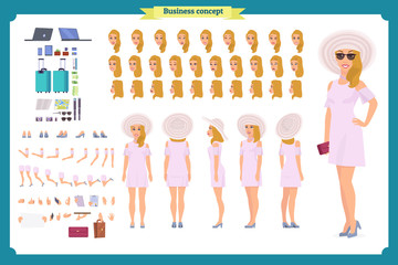 Tourist female, vacation traveller character creation set. Full length, views, emotions, gestures, tan skin tones, white background. Build your own design. 