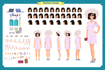 Tourist female, vacation traveller character creation set. Full length, views, emotions, gestures, tan skin tones, white background. Build your own design. 