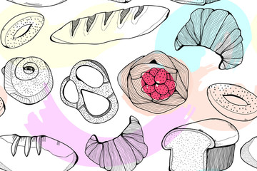 Hand drawn fresh bakery. Colored graphic vector seamless pattern