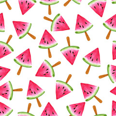 Ice cream Watermelon. Watercolor seamless pattern.