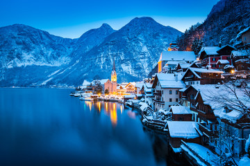Hallstatt at twilight in winter, Salzkammergut, Austria