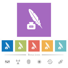 Feather and ink bottle with label flat white icons in square backgrounds