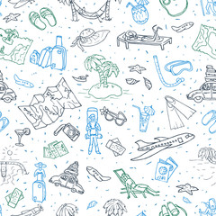 travel hand drawn doodles seamless vector pattern