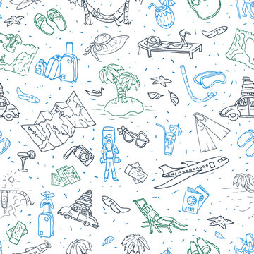 travel hand drawn doodles seamless vector pattern