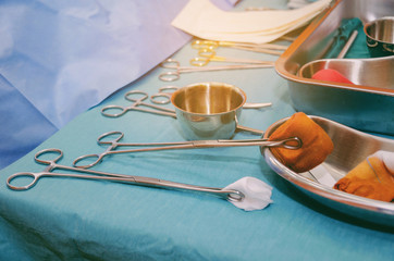 dressing set instrument or wound cleaning equipment on table in operation room at hospital, medical...