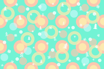 Seamless winter pattern background. Colorful balls, rings, Christmas trees, snowflakes