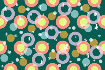 Seamless winter pattern background. Colorful balls, rings, Christmas trees, snowflakes