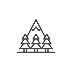 Mountain forest outline icon. linear style sign for mobile concept and web design. Snowy mountain peak and trees simple line vector icon. Symbol, logo illustration. Pixel perfect vector graphics