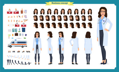 Female doctor character creation set.Front, side, back view animated character.Doctor character creation set with various views,Face emotions, poses, gestures.Cartoon style, flat vector illustrations