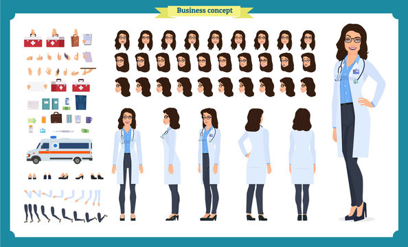 Female doctor character creation set.Front, side, back view animated character.Doctor character creation set with various views,Face emotions, poses, gestures.Cartoon style, flat vector illustrations