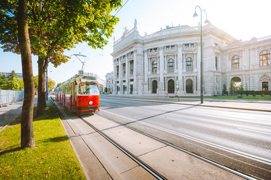 Vienna tram with Burgtheater at sunrise, Vienna, Austria