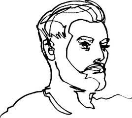 He, young man face, with modern beard and hairstyle, continuous line, drawing of head, black liner