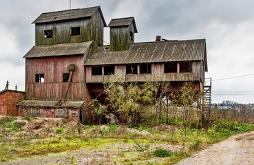 Old agricultural granary. .Abandoned, forlorn collective farm. Russia, Tula region.