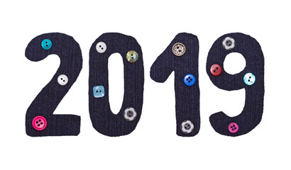 The Christmas, New Year from fabric and button form of inscriptions, 2019 numbers, isolated on...