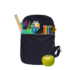 Blue school bag, backpack and apple. Contains watercolor, ruler, color pencils, calculator,...