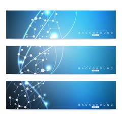 Scientific set of modern vector banners. DNA molecule structure with connected lines and dots. Scientific and technology concept. Wave flow graphic background for your design. Vector illustration.