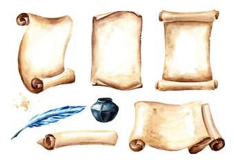 Old paper scroll or parchment with pen and inkwell set. Watercolor hand drawn illustration isolated on white background