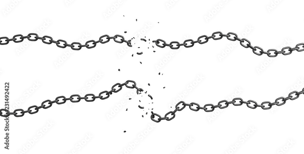 Poster 3d rendering of two strings of chain lying curled on a white background with their links broken and 
