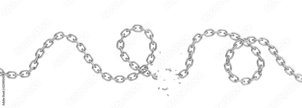 Poster 3d rendering of a curled iron chain broken in half and lying on a white background.