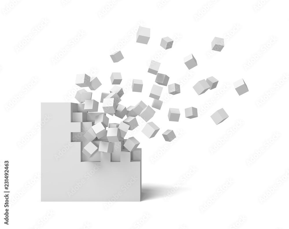 Poster 3d rendering of a white square on a white background starting to get destroyed piece by piece.