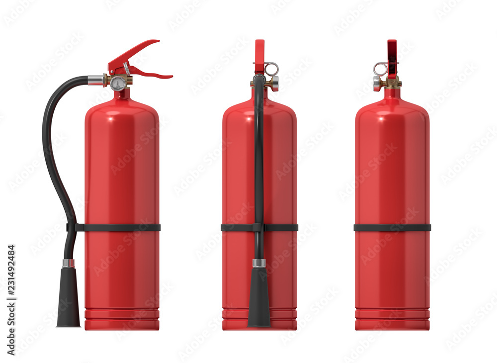 Poster 3d rendering of several red fire extinguishers on a white background.