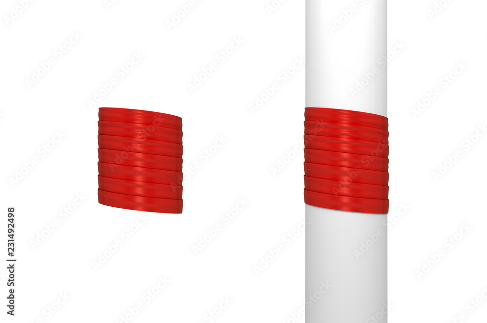 Poster 3d rendering of a red present tape wrapped around a white post and empty space.