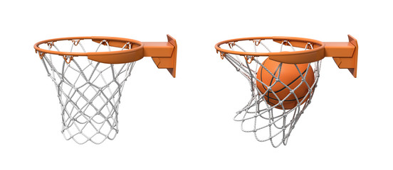 3d rendering of two basketball nets with orange hoops, one empty and one with a ball falling inside. © gearstd