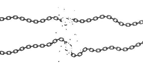 3d rendering of two strings of chain lying curled on a white background with their links broken and flying out. T
