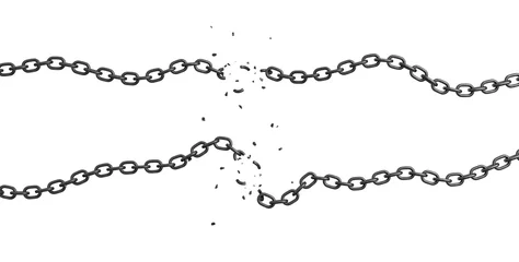 Foto op Plexiglas 3d rendering of two strings of chain lying curled on a white background with their links broken and flying out. T © gearstd