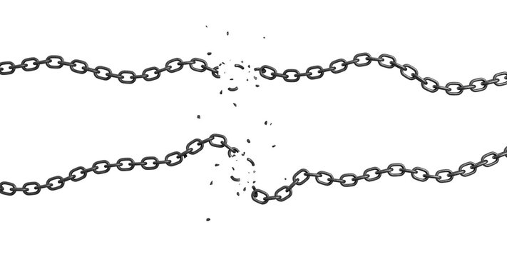 3d rendering of two strings of chain lying curled on a white background with their links broken and flying out. T